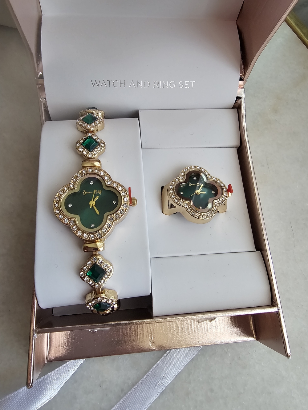 Gold and Green Floral Watch and Ring Set - Women Accessories